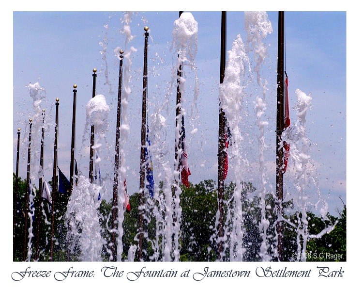 Freeze frame photo of the fountain at Jamestown Settlement Park